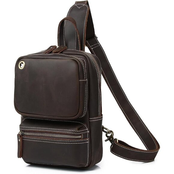 💫 Men Black Vintage Leather Sling Backpack Crossbody Chest Shoulder Bag - Picture 1 of 7